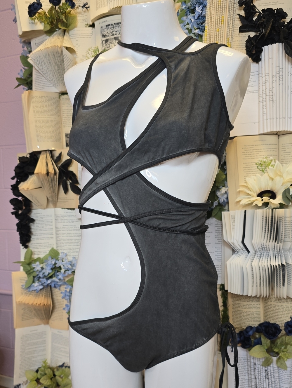 NWT Darker Wavs by Dolls Kill Compression Cutout Bodysuit Charcoal LG